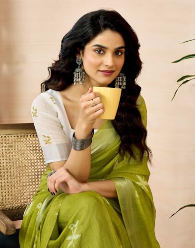 Image of SIRIL Women's Printed Cotton Linen One Minute Ready to Wear Saree With Unstitched Blouse Piece