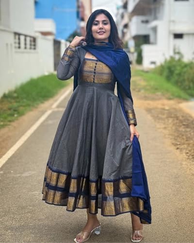 Image of Chanderi Cotton Anarkali Dress Set with Jacquard Weaving and Zari Border, Traditional Indian Ethnic Wear Gown for Weddings, Festivals, and Special Occasions