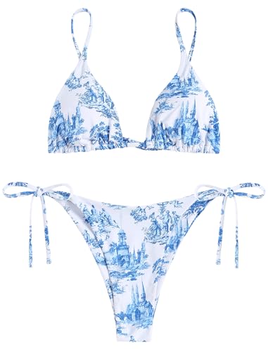 Image of ZAFUL Women's Triangle Bikini Floral String Bikini Set Two Piece Swimsuit Bathing Suits