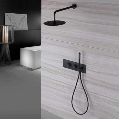 TRUSTMI Sistema de Ducha de 12 pulgadas con Doble Manija y Válvula Mezcladora, Acabado Negro Mate | Sistema de ducha de latón macizo con doble manija para lluvia y ducha de mano. Incluye válvula mezcladora anti-quemaduras para seguridad. miniatura 2