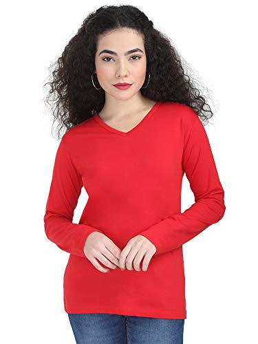 Image of FLEXIMAA Women's Cotton Plain V Neck Full Sleeve T-Shirt
