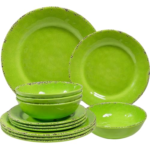 ZAROCRUS 12 pcs Melamine Dinnerware Sets,Service for 4,Nonbreakable BPA Free Dishes Set with Plates and Bowls Sets for Everyday Use and Patio, RVs and Camping, Dishwasher Safe,Green