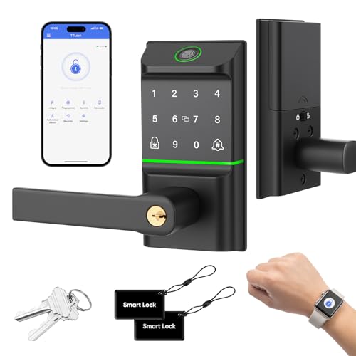 Keypad Smart Door Lock with Handle, Keyless Entry Deadbolt for Front Door, Smart Auto Lock Deadbolt with Phone/Watch App Control, Biometric Fingerprint Gate Handle with 7 Ways to Unlock