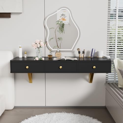 Merax 47" Floating Makeup Vanity Desk with 3 Drawers for Makeup Jewelry Organisation, Multi-Purpose Wall-Mounted Vanity Shelf for Bedroom Bathroom Hairdressers, Bear 100LBS, Black and Golden Merax 47" Floating Makeup Vanity Desk with 3 Drawers for Makeup Jewelry Organisation, Multi-Purpose Wall-Mounted Vanity Shelf for Bedroom Bathroom Hairdressers, Bear 100LBS, Black and Golden