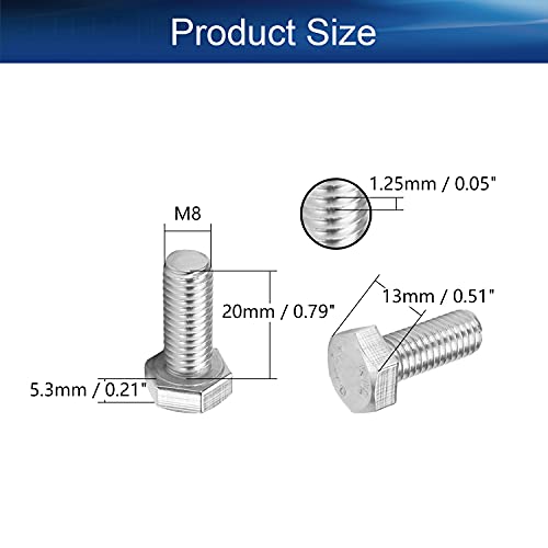 Image of Bettomshin 5Pcs M8 x 20mm Hex Bolts, 304 Stainless Steel 1.25mm Thread Pitch Fully Threaded Metric Hex Head Screw Bolts, Hexagon Screw Bolt, Hex Tap Bolts, Silver, A2-70 (Overall Size 25.3x20x20mm)