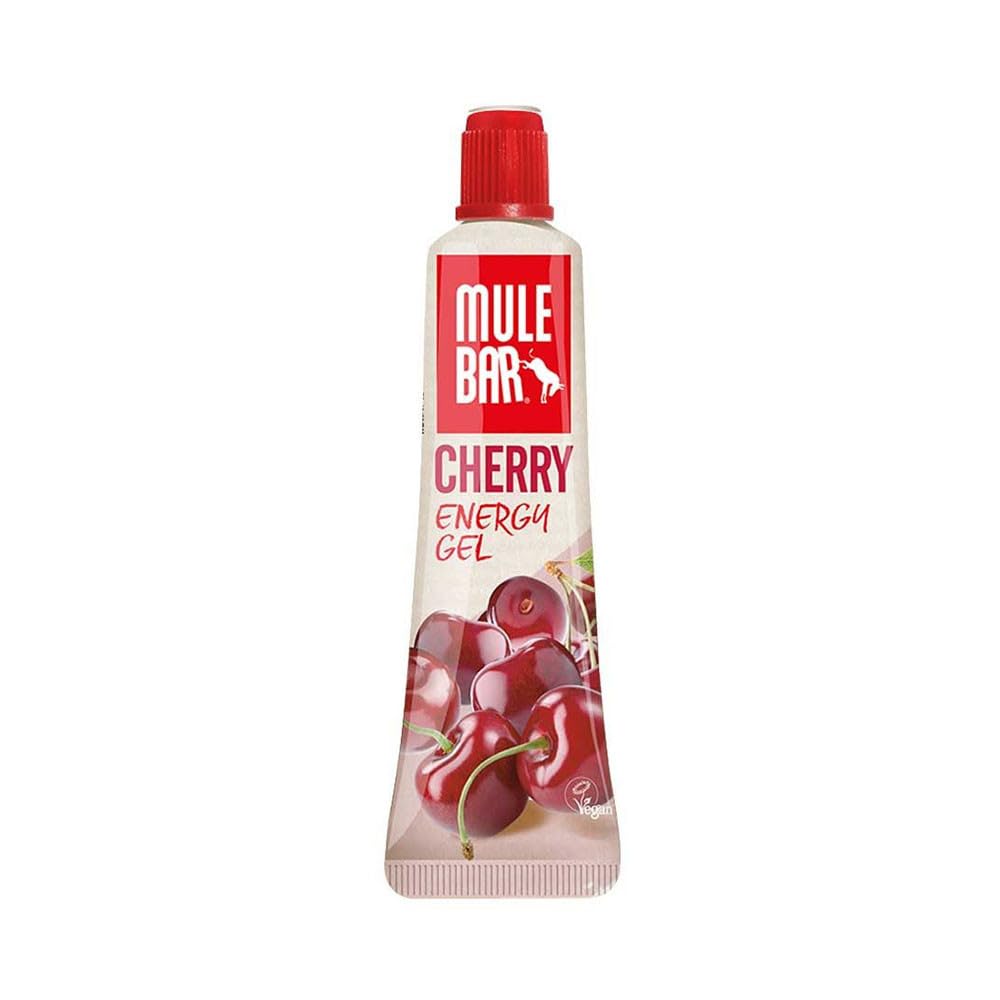 Mulebar Scatola di 24 Gel Energetichi Sport Cigliegia 37g Vegani Senza glutine Tubo Richiudibile e Riutilizzabile