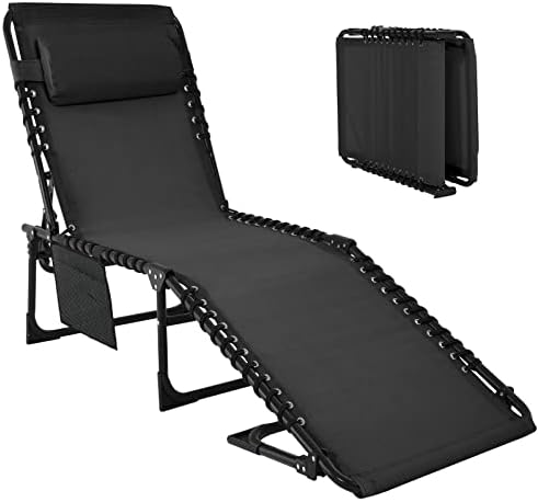 ABCCANOPY Adjustable Outdoor Folding Chaise Lounge Chair 3 Reclining Positions with Pillow and Pockets for Patio Lawn Beach Pool Sun Sunbathing, Black