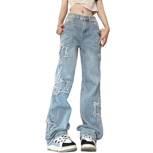 Womens Trendy Wide Leg Y2K Star Jeans Aesthetic Star Pants Boyfriend Loose Fit Denim Pants Teen Girls E Girl