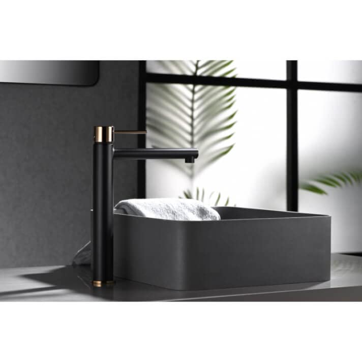 Mice - Grifo de lavabo con caño alto - Griferia monomando de baño de caño alto sobre encimera para lavamanos Color Negro Mate y Oro Rosa