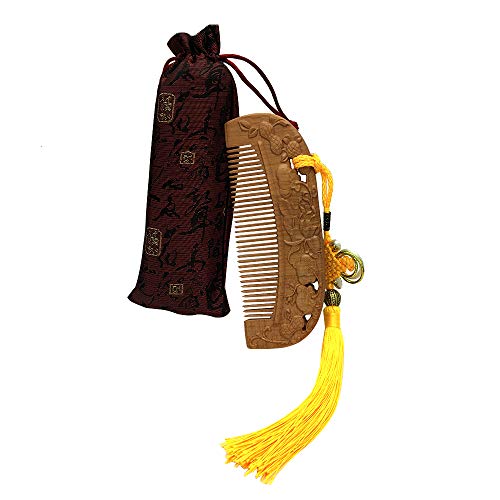 Earofcorn Exquisite Multi Style Flower Natural Hollow Peach Wood Carving Craft Exotic Comb Anti-static Massage Healthy Wooden Comb Set (YXMS-8 Yellow)