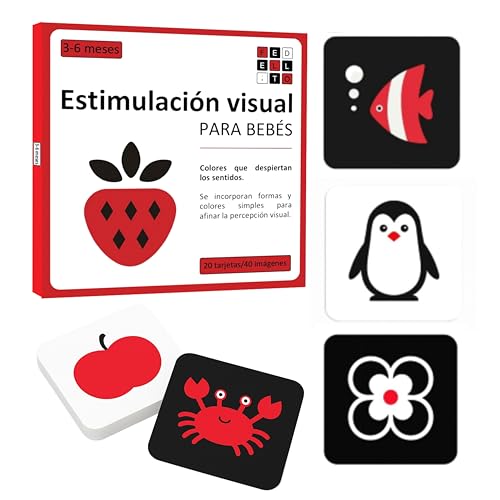 Tarjetas de Estimulación Visual para Bebés 3–6 Meses — Pack de 20 Tarjetas con 40 Imágenes - Contrastes en Blanco, Negro y Rojo — Juego Sensorial Educativo y Regalo para Bebés - FEDELLITO