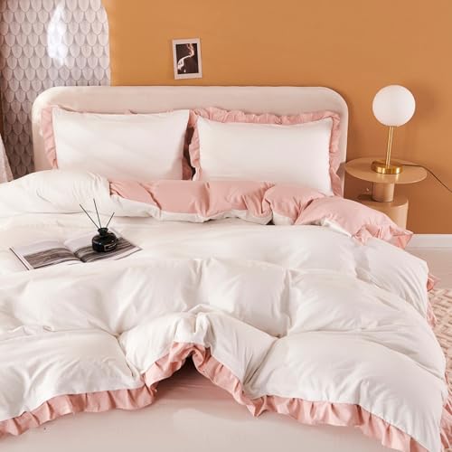 Freyamy Mädchen Bettwäsche 200x220 Weiß Rosa Uni Rüschen Bettwäsche Set – Ansicht 1