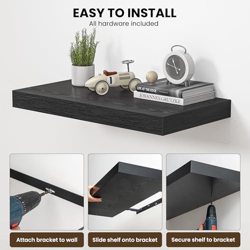 Image of Dreamland 16 inch Floating Shelves for Wall, 12 inch Deep Thicker Black Floating Shelves, Wall-Mounted Shelves for Bedroom, Living Room, Kitchen, Bathroom - Set of 3