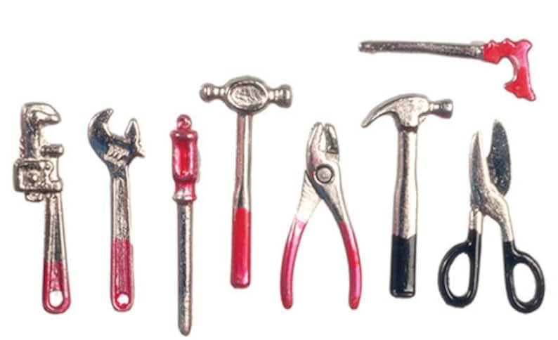 Yorkshire Miniatures 8 Miniature Tools Set, Metal, 30mm, 1:12 Scale, Spanner Hammer Screwdriver