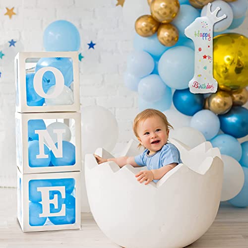 3Pcs Balloon Boxes With 6 Pcs 'One' Letters And Large 1 Balloon For First Birthday Party Decorations White Clear Square Box Blocks Decor For 1St Year Old Baby Birthday Party Backdrop Supplies #TOP6