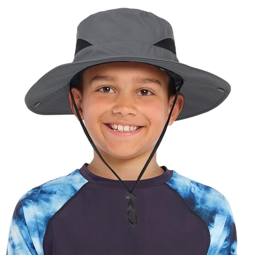 Kids Boys Summer Sun Hat - Wide Brim Sun Protection Outdoor Bucket Hat Safari Beach Hat for Boys Girl Teens(for 5-9 Years) Dark Grey