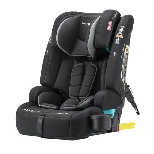 Cozy N Safe Everest i-Size Child Car Seat with 5 Point Harness, Forward Facing,76 to 150cm, Adjustable Headrest, ISOFix, Top Tether, Cupholder, 9-36Kg, Up to 12 Years, Removable Washable Cover (Jet)