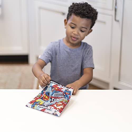 Bumkins Reusable Sandwich and Snack Bags, for Kids School Lunch and for Adults Portion, Washable Fabric, Waterproof Cloth Zip Bag, Travel Pouch, Food-Safe Storage, Large, DC Comics Superman