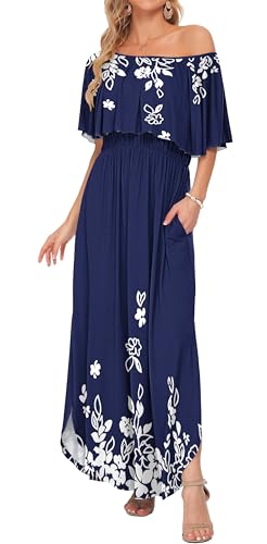 Image of AUSELILY Womens Off Shoulder Ruffle Split Summer Maxi Dresses with Pockets | Off-shoulder Ruffle dress with empire waist & side split for summer beach and casual parties