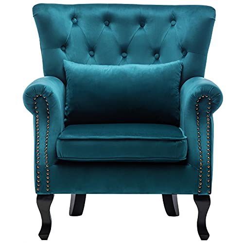 Mid Century Accent Chair Modern Button Tufted Armchair Wingback Club Chair Velvet Single Sofa Lounge Chair with Pillow for Living Room Bedroom, Teal Blue