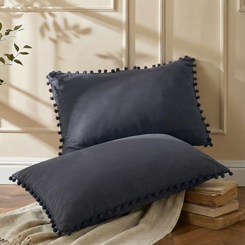 Navy Blue Pom Poms Pillowcases, Dark Blue Pillowcases Set of