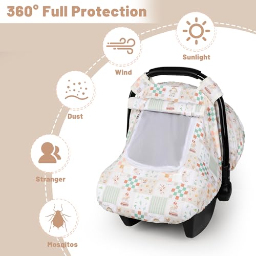 Image of SWESEN Car Seat Cover Baby, Summer Carseat Covers Baby Girl, Soft carseat Canopy Snug Fit Baby Stroller, Dual-Layer Protection, Cooling Mesh & Roll-Up Sun Shade, Elephant