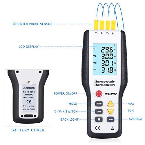 Thermocouple Thermometer, RISEPRO 4 Channel K Type Digital Thermometer Thermocouple -200~1372°C/2501°F Sensor HT-9815 - Thumbnail 5
