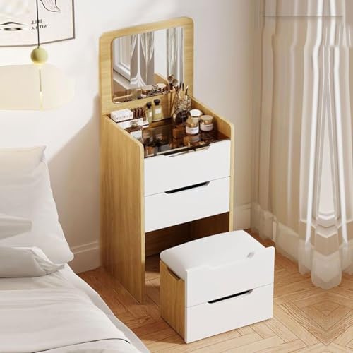 Mesa de maquillaje LED con luces tricolores, espejo abatible, taburete oculto y cajones de almacenamiento, elegante piel compacta para un aseo elegante