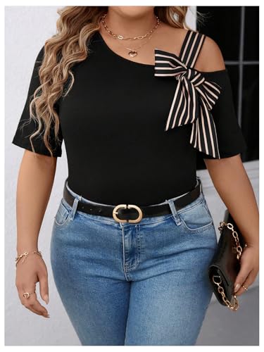 SOLY HUX Women's Plus Size Cold Shoulder Tops Summer Dressy Striped Bowknot Tunic Top Short Sleeve Fitted Tee Shirts2