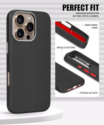 Image of WOW IMAGINE Back Cover for iPhone 16 Pro Max | Shockproof Tough Leather Texture Hard Mobile Case | Ultra Slim Non-Slip Grip | Inner Velvet Fabric | Metal Camera Ring - Black