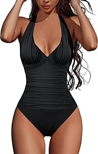 Hilor V Neck One Piece Swimsuit for Women Halter Backless Ruched Tummy Control Bathing Suit Sexy Slimming Swimwear Black 12