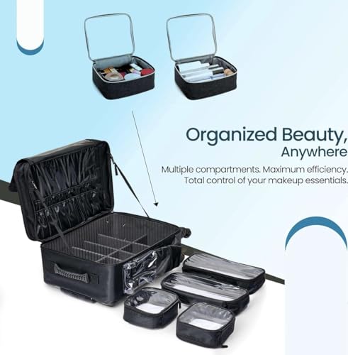 Image of Adson Multifunctional Professional Beauty Makeup Artist Rolling Cosmetic Aluminium Vanity Trolley Beauty Train case Makeup Cosmetic Trolley Hairstylist Travel Organizer (Glossy Black)