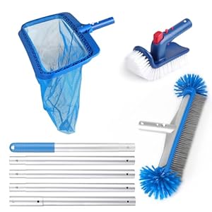 LALAGO Pool Reinigungsset, 4 Stück Pool Zubehör Reinigung Set, comprend 17″Poolbürste & Drehbare Handscheuerbürsten & 175cm Aluminium Griff & Pool Kescher, Professionelles Pool Reinigungsset