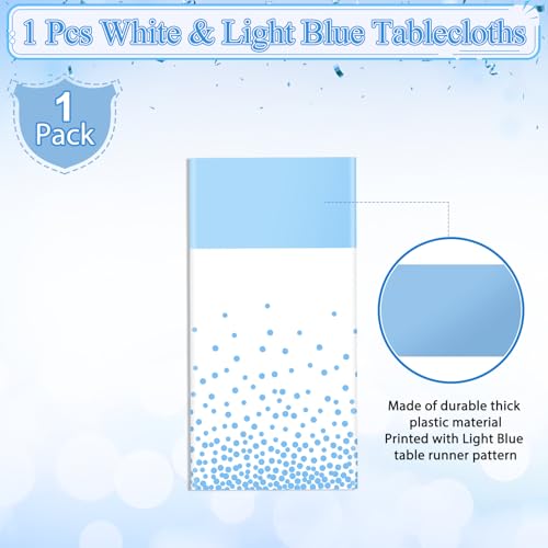 Image of MASHAN 1Pcs White Light Blue Tablecloth Party Decorations,Plastic White Table Cloth Printed Baby Blue Table Runner Disposable Rectangle Cover for Birthday Baby Shower Wedding Party,54 x108 Inch