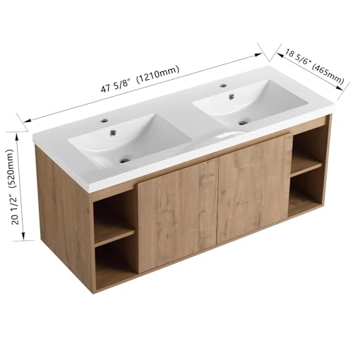 Image of Floating Bathroom Vanity, 48 inch Bathroom Storage Cabinet with Double Resin Sinks, 2 Soft-Close Doors & 4 Open Storage Shelves, Modern Wall-Mounted Vanity with 45 Bevel Handles, Oak