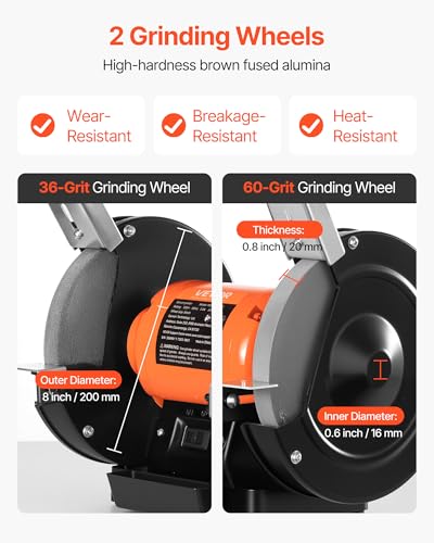 Image of VEVOR Bench Grinder, 8-inch Single Speed Bench Grinder, 3450RPM High-Speed Table Grinders with 350W 3.0A Induction Motor, 36 /60-Grit Grinding Wheel & Adjustable Eye Shield for Fast Sharpening Grinding
