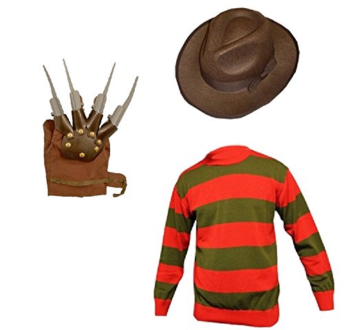 Travestimento per bambini e ragazzi, unisex, motivo Freddy Krueger, horror per Halloween, con guanti, cappello e maglione Red Età 9/10