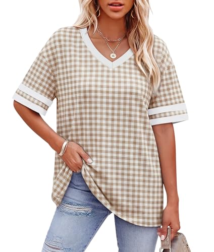 Image of WIHOLL Womens T Shirts Loose Fit Short Sleeve Tees V Neck Color Block Summer Tops 2026 Fashion S-4XL
