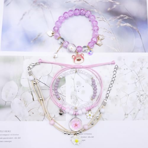 Image of 4 Pcs Beaded Cute Bracelets for Teen Girls Women, Dainty Cute Cartoon Crystal Beads Pearl Stretch Charm Handmade Adjustable Anklets Bracelet Set Birthday Gift for Friends