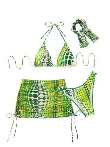Image of RoseSeek Women's 4 Piece Polka Dots Bathing Suits Cover Up Skirt & Bandana