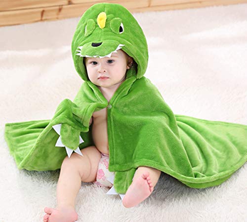 Image of TONWHAR 0-4 Years Toddlers' And Kids' Boys Girls Animal Face Hooded Blanket Baby's Bathrobe,Plush After Bath Blanket (Green Dinosaur)