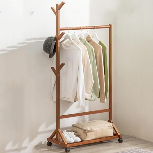 Perchero de bambú con estantes y ruedas, solución de almacenamiento independiente para ropa y accesorios en espacios de vida