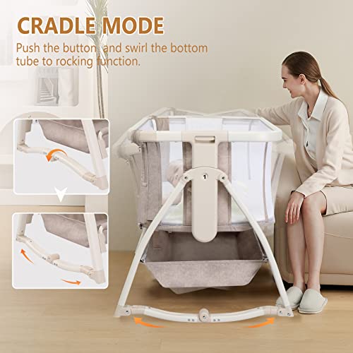 JOYMOR Bedside Sleeper Baby Bassinet with Wheels, Rocking Bassinet for Baby, Height Adjustable Breathable Net Bed Side, Baby Crib w/Washable Mattress, Mosquito Net, Storage Basket for Infants, Beige