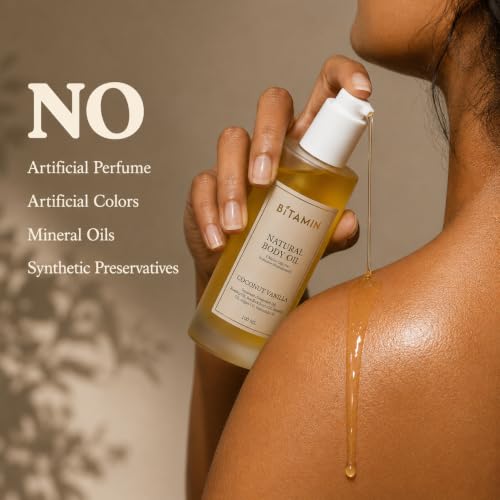 Image of Bitamin Natural Body Oil | Moisturizing 9 Multi Oil Blend for Dry Skin | Men & Women after bath Body massage Oil | Suitable for Stretch Marks & Scar Removal | Vit E Coconut Vanilla | 100ml - Pack Of 2