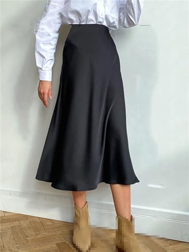 Women's Long Satin Skirt Midi Elegant High Waist Autumn Office A-Line Solid Vintage Silk Skirt2