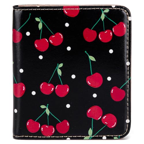 BECEERE Carteira feminina Walle com bloqueio de RFID, pequena e compacta com bolso dobrável e compartimento para identidade, Cereja preta, Bonito