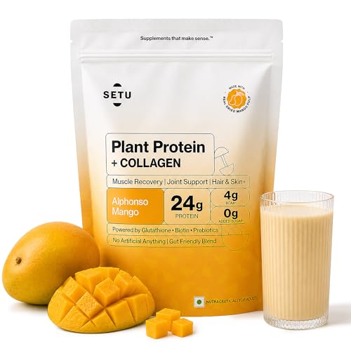 Image of Setu Plant Protein + Veg Collagen | 24g Protein with Glutathione & Biotin | Pea & Rice Isolate | For Muscle, Skin & Hair | Protein Powder for Men & Women | Alphonso Mango Flavour | 1 kg