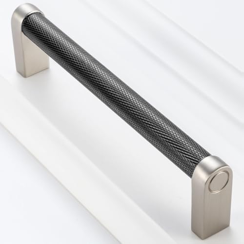 BEROSSA Black and Nickel Cabinet Pulls, Knurled Bar Cabinet Handles, 5 Inch Screw Spacing, Pack of 10 | Solid Hardware for Kitchen Door Bedroom Dresser Drawer Bathroom Vanity Furniture 3011