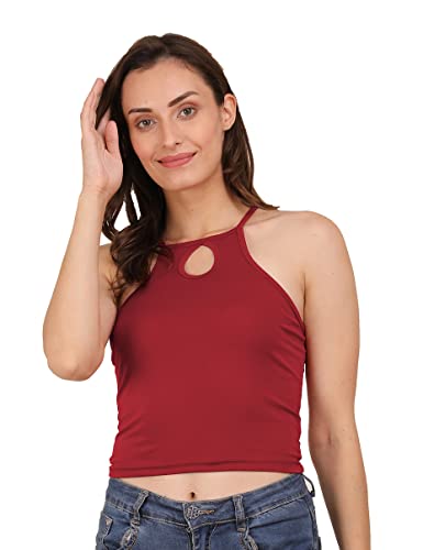 Image of A1586 Women's Lycra Notch Neck Stretchy Casual Solid Sleeveless Crop Top