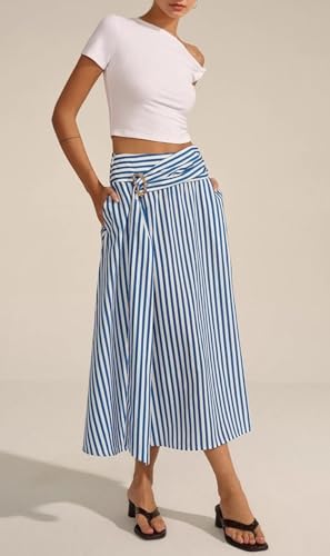 CHARTOU Women Summer Stripes Maxi Skirt Cross High Waist Metal Button Flowy A Line Skirt3